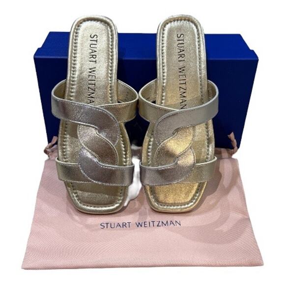 NEW Stuart Weitzman 7.5 Ibiza Woven-Strap Flat Slide Sandal Metallic Silver Gold - Picture 9 of 12